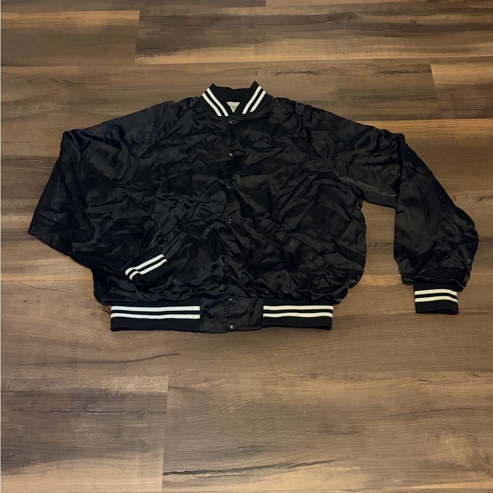 Mens Vintage Black Bomber Jacket with White Stripes Size XXL